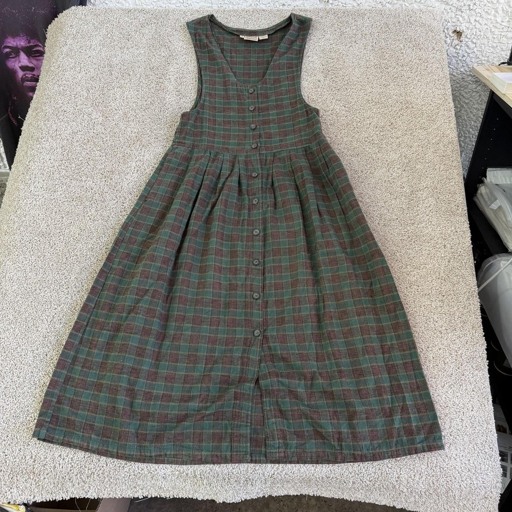 Vintage Woolrich Dress Womens S Green Plaid Sleeveless Button Front Flannel Midi - Picture 2 of 7